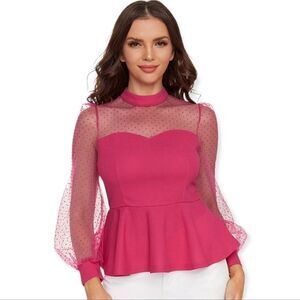 NWT Romwe Women's Mesh Long Sleeve Mock Neck Ruffle Hem Slim Fit Peplum Blouse